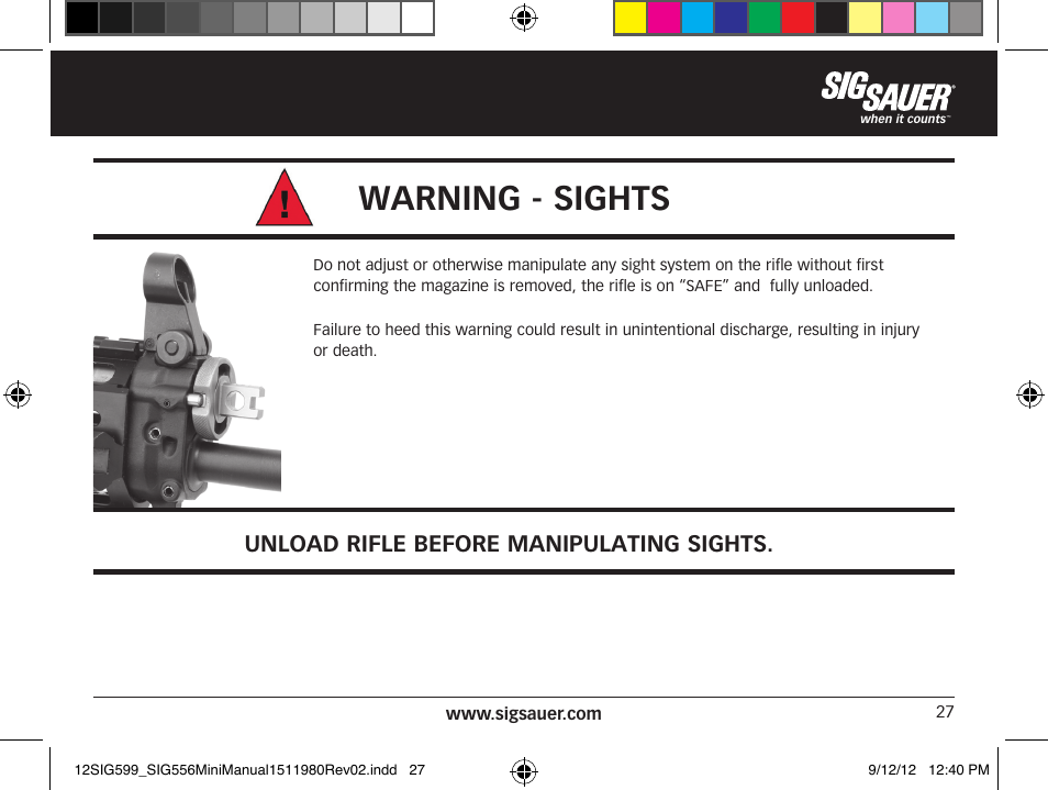 Warning - sights, Unload rifle before manipulating sights | SIG SAUER SIG556 User Manual | Page 27 / 104