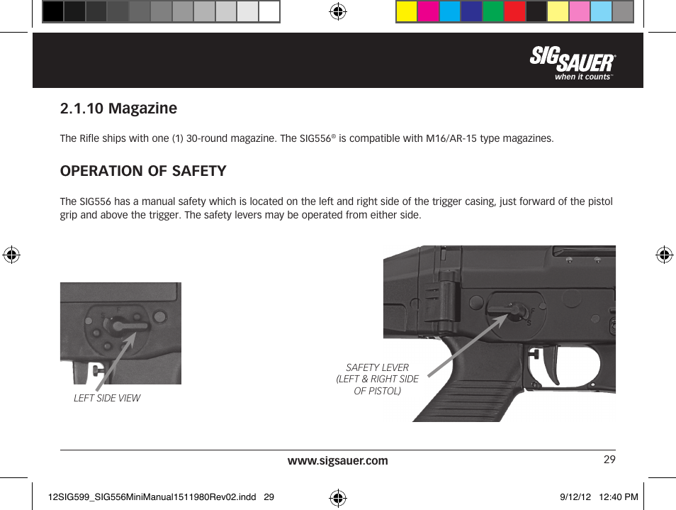 10 magazine, Operation of safety | SIG SAUER SIG556 User Manual | Page 29 / 104