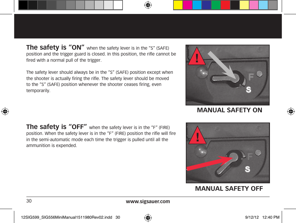 The safety is “on, The safety is “off, Manual safety off manual safety on | SIG SAUER SIG556 User Manual | Page 30 / 104