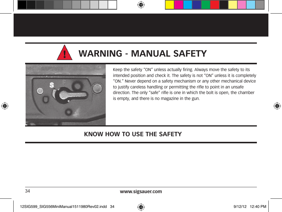 Warning - manual safety | SIG SAUER SIG556 User Manual | Page 34 / 104