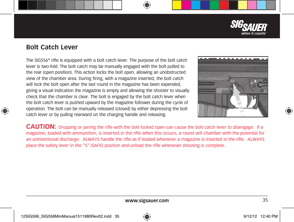 Bolt catch lever, Caution | SIG SAUER SIG556 User Manual | Page 35 / 104