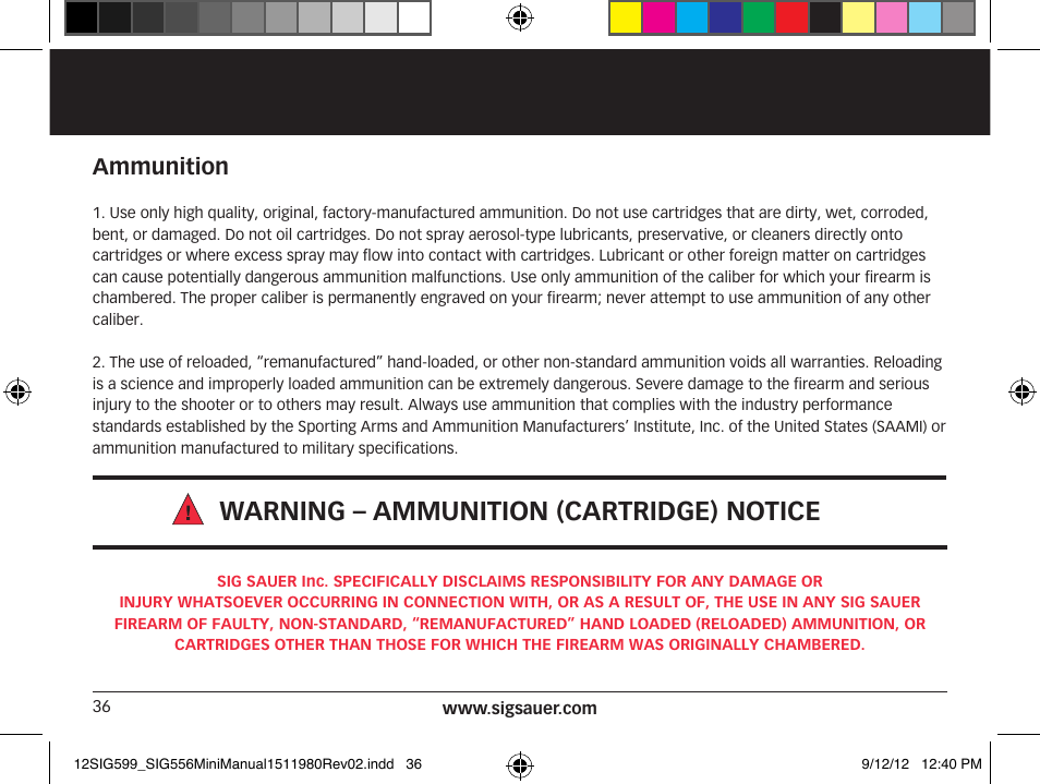 Warning – ammunition (cartridge) notice, Ammunition | SIG SAUER SIG556 User Manual | Page 36 / 104