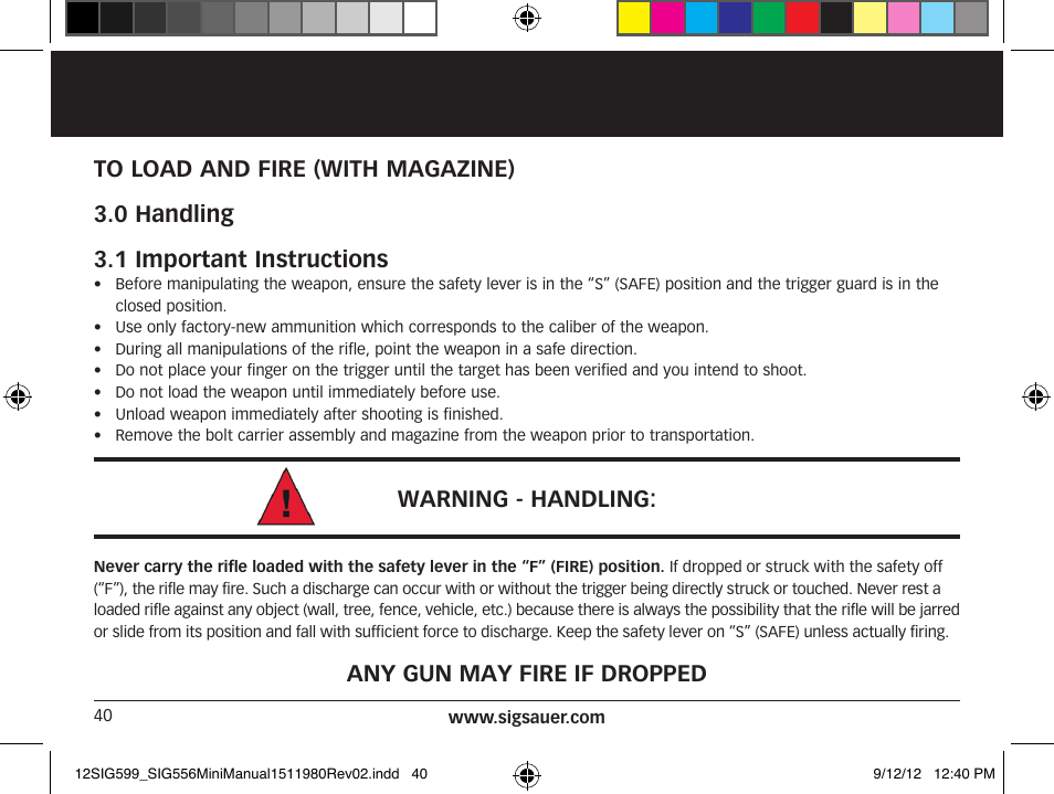 Warning - handling, Any gun may fire if dropped | SIG SAUER SIG556 User Manual | Page 40 / 104