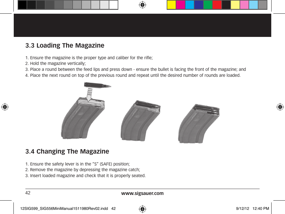 3 loading the magazine, 4 changing the magazine | SIG SAUER SIG556 User Manual | Page 42 / 104