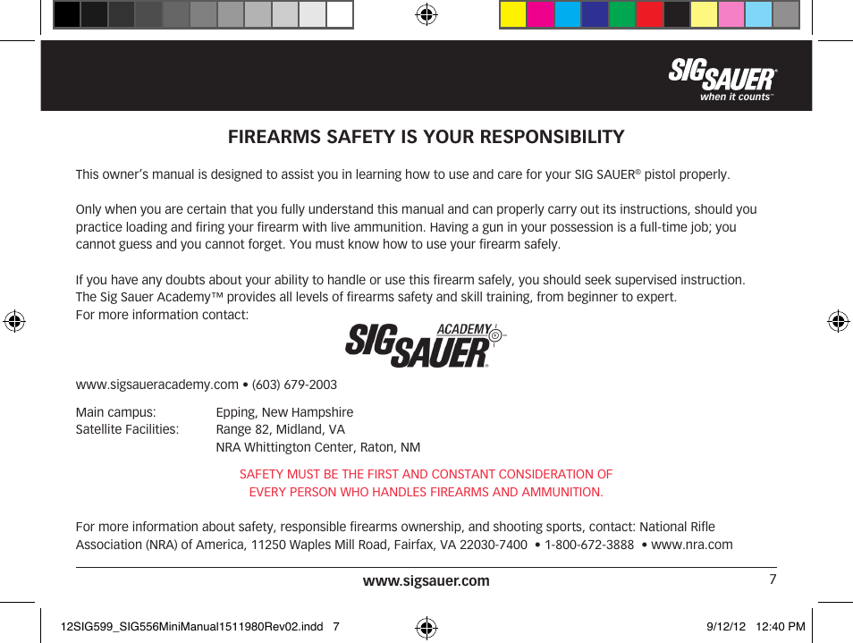 Firearms safety is your responsibility | SIG SAUER SIG556 User Manual | Page 7 / 104