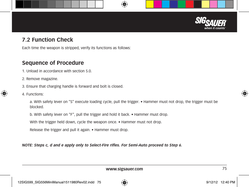 2 function check, Sequence of procedure | SIG SAUER SIG556 User Manual | Page 75 / 104