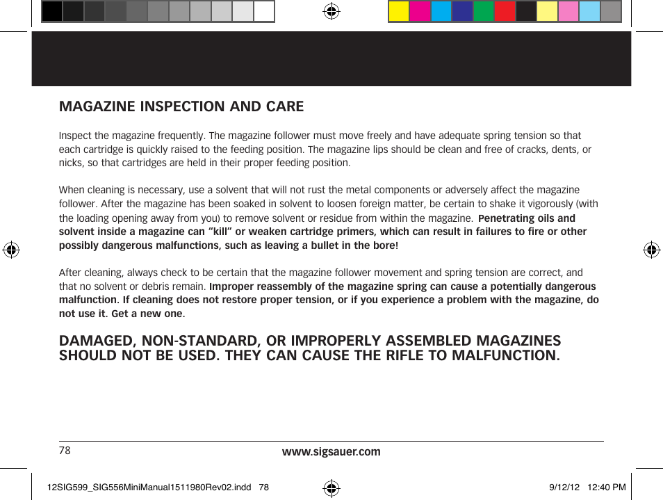 Magazine inspection and care | SIG SAUER SIG556 User Manual | Page 78 / 104