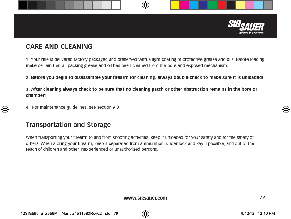 Care and cleaning, Transportation and storage | SIG SAUER SIG556 User Manual | Page 79 / 104