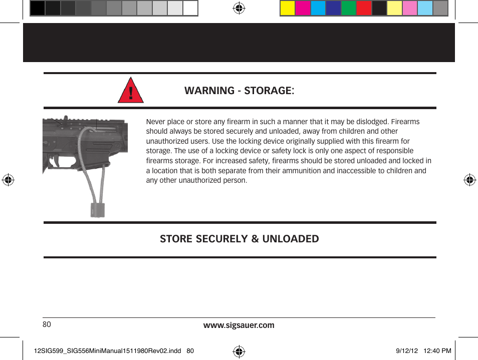 Warning - storage, Store securely & unloaded | SIG SAUER SIG556 User Manual | Page 80 / 104