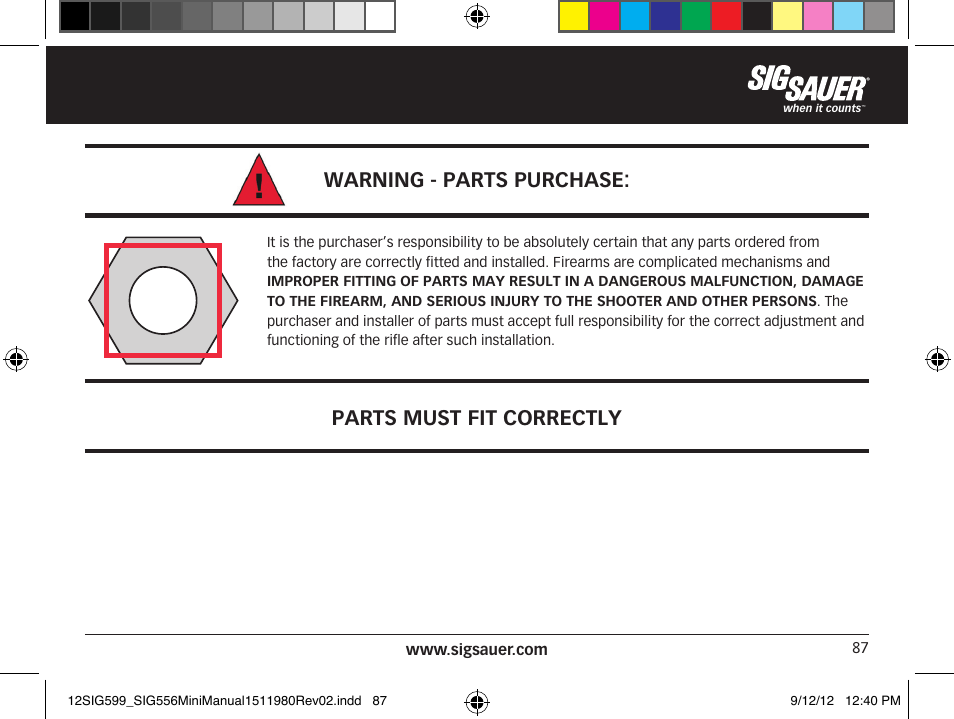 Warning - parts purchase, Parts must fit correctly | SIG SAUER SIG556 User Manual | Page 87 / 104
