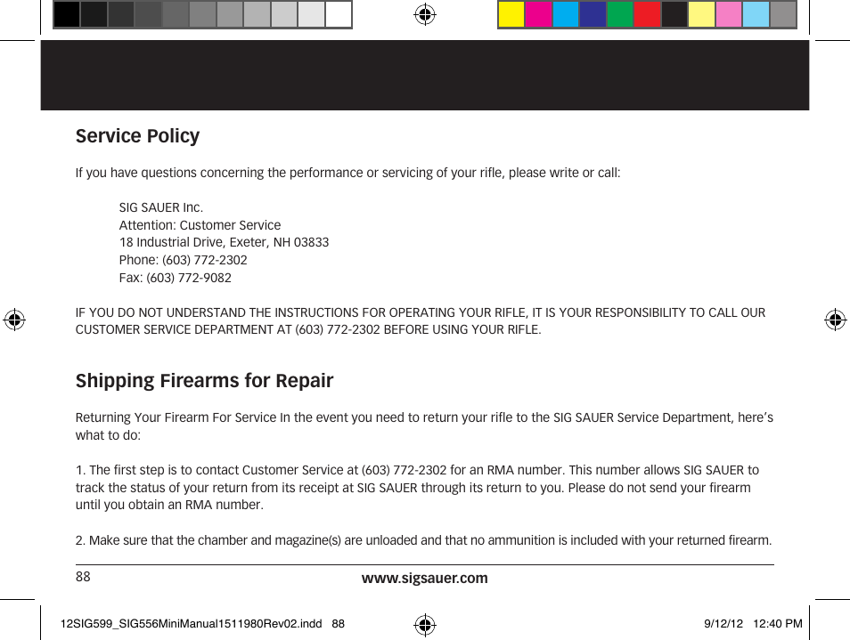 Service policy, Shipping firearms for repair | SIG SAUER SIG556 User Manual | Page 88 / 104