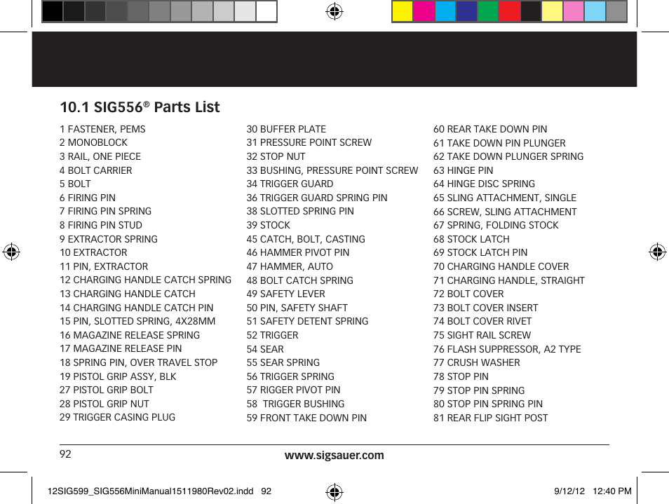1 sig556, Parts list | SIG SAUER SIG556 User Manual | Page 92 / 104