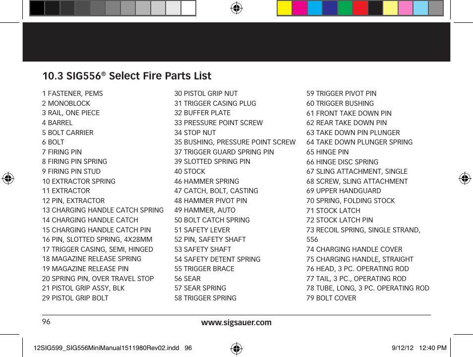 3 sig556, Select fire parts list | SIG SAUER SIG556 User Manual | Page 96 / 104