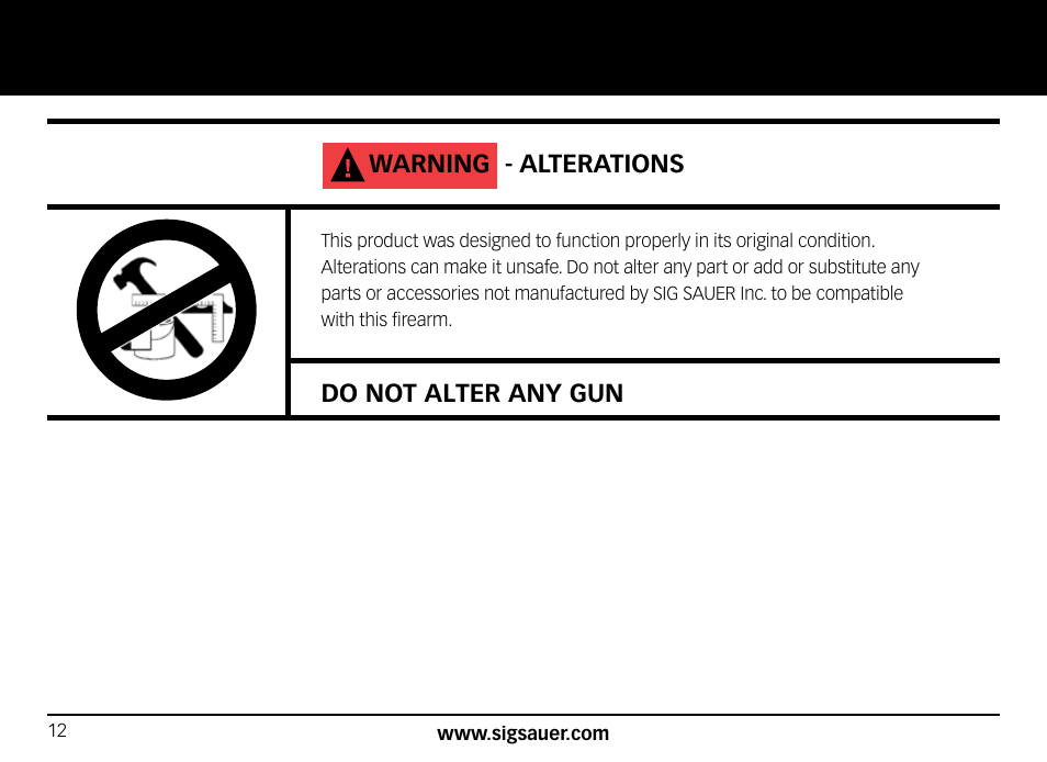Warning - alterations, Do not alter any gun | SIG SAUER SIG556xi User Manual | Page 12 / 84
