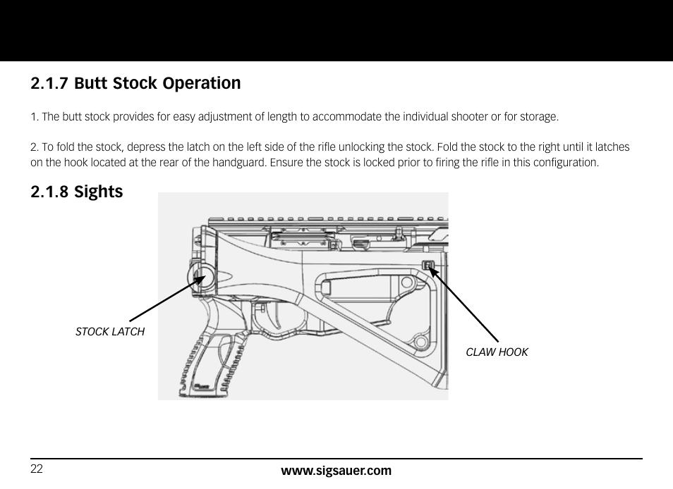 7 butt stock operation, 8 sights | SIG SAUER SIG556xi User Manual | Page 22 / 84