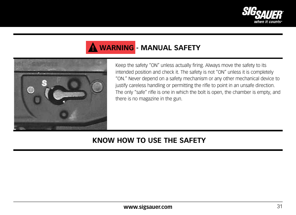 Warning - manual safety, Know how to use the safety | SIG SAUER SIG556xi User Manual | Page 31 / 84