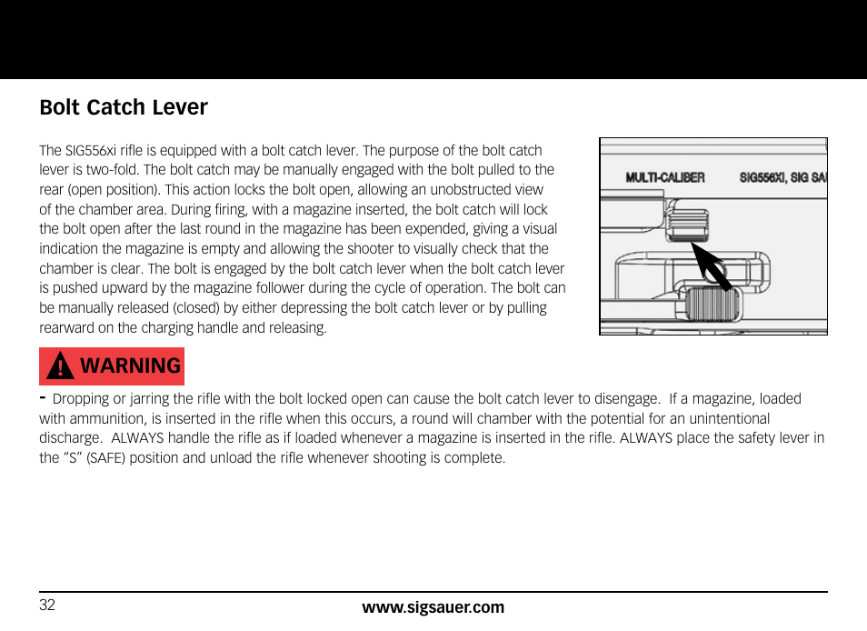 Bolt catch lever, Warning | SIG SAUER SIG556xi User Manual | Page 32 / 84