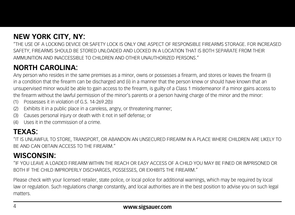 New york city, ny, North carolina, Texas | Wisconsin | SIG SAUER SIG556xi User Manual | Page 4 / 84