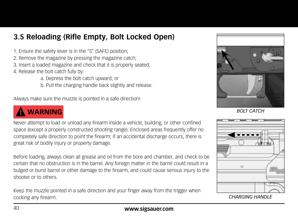 5 reloading (rifle empty, bolt locked open), Warning | SIG SAUER SIG556xi User Manual | Page 40 / 84