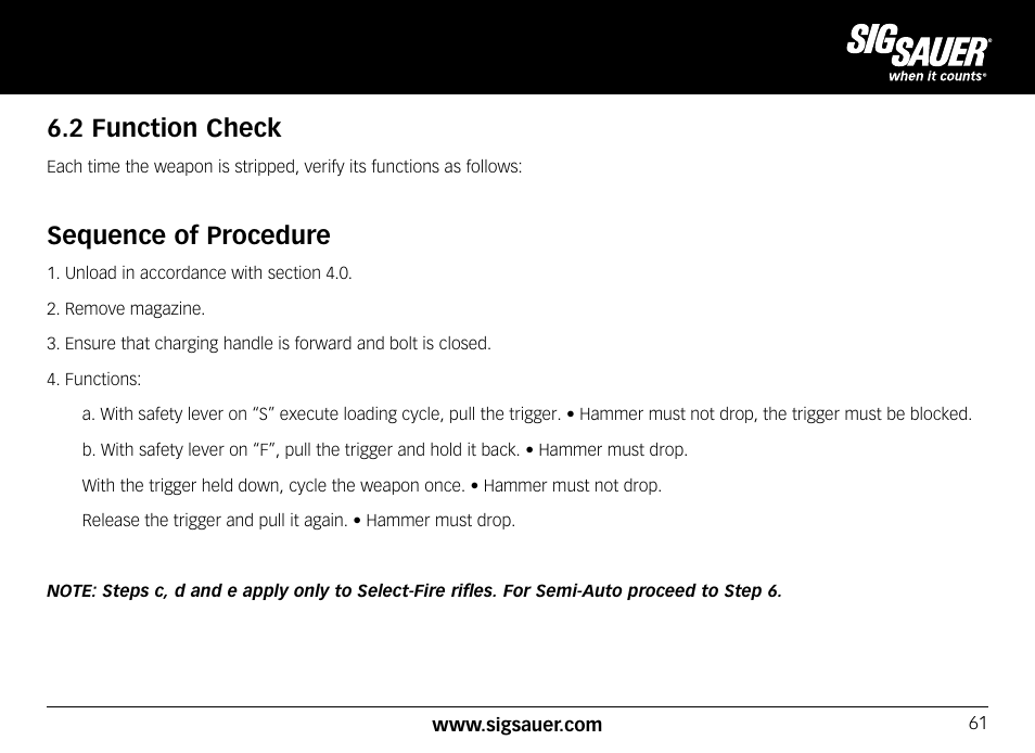 2 function check, Sequence of procedure | SIG SAUER SIG556xi User Manual | Page 61 / 84