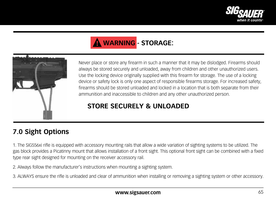 Warning - storage, Store securely & unloaded 7.0 sight options | SIG SAUER SIG556xi User Manual | Page 65 / 84