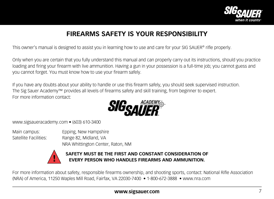 Firearms safety is your responsibility | SIG SAUER SIG556xi User Manual | Page 7 / 84