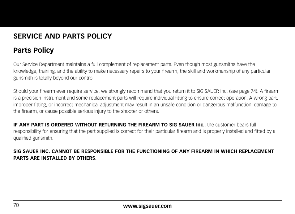 Service and parts policy parts policy | SIG SAUER SIG556xi User Manual | Page 70 / 84