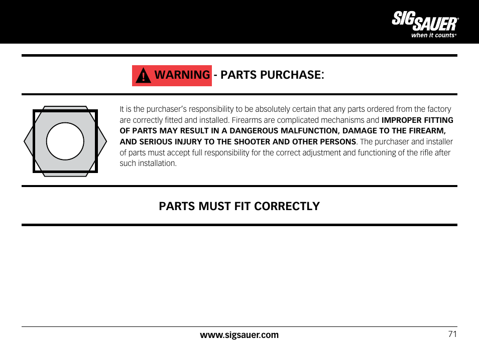 Warning - parts purchase, Parts must fit correctly | SIG SAUER SIG556xi User Manual | Page 71 / 84