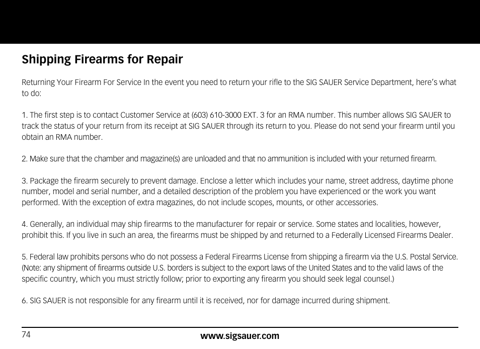 Shipping firearms for repair | SIG SAUER SIG556xi User Manual | Page 74 / 84