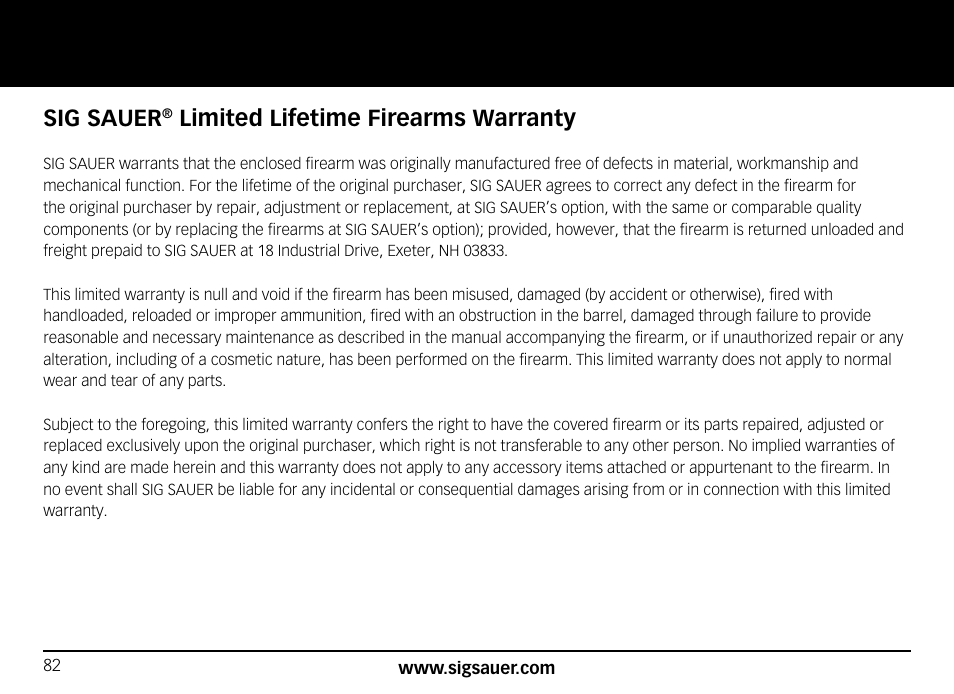 Sig sauer, Limited lifetime firearms warranty | SIG SAUER SIG556xi User Manual | Page 82 / 84