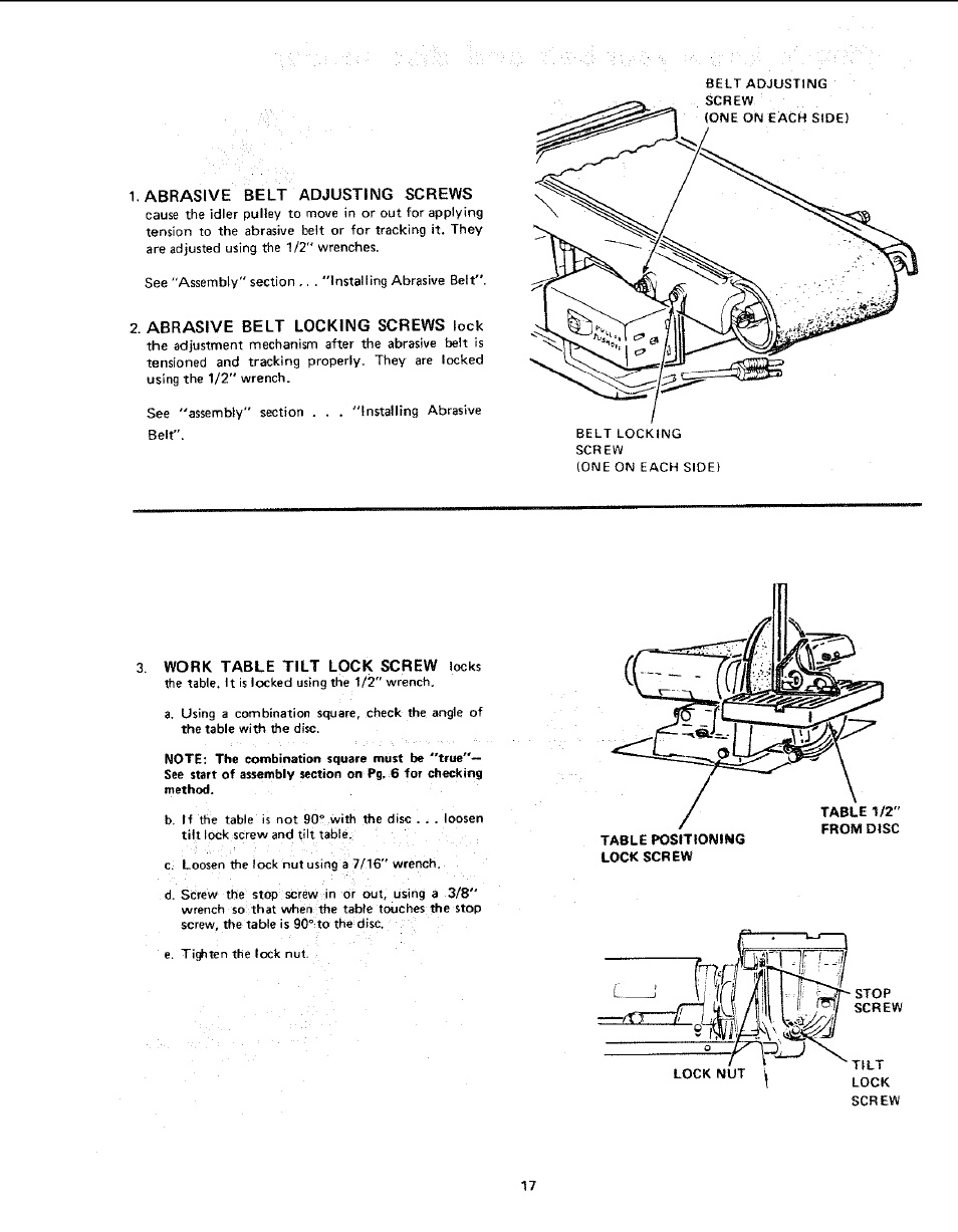 Abrasive belt adjusting screws, Work table tilt lock screw locks, Work table tilt lock screw | Craftsman 113.225931 User Manual | Page 17 / 32