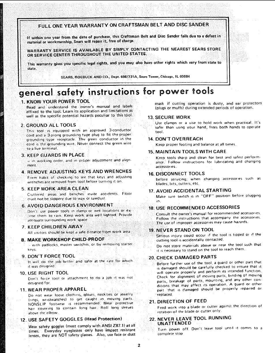 Power fools, Gehéral safe instructions for, Sears | Craftsman 113.225931 User Manual | Page 2 / 32