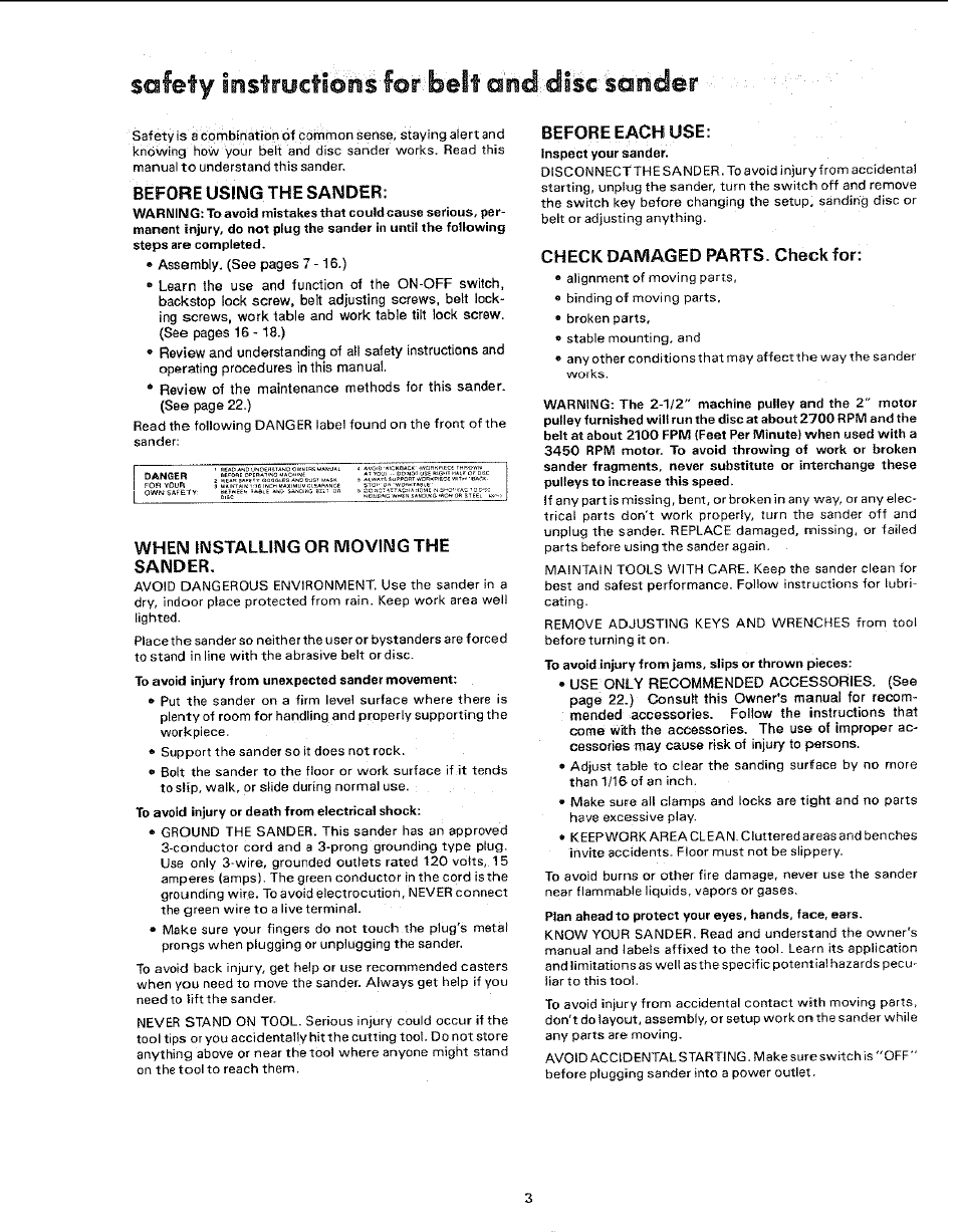 Before using the sander, When installing or moving the sander, Before each use | Check damaged parts. check for, Sofety insfryctlohs f©r belt oiid: di^c soiicler | Craftsman 113.225931 User Manual | Page 3 / 32