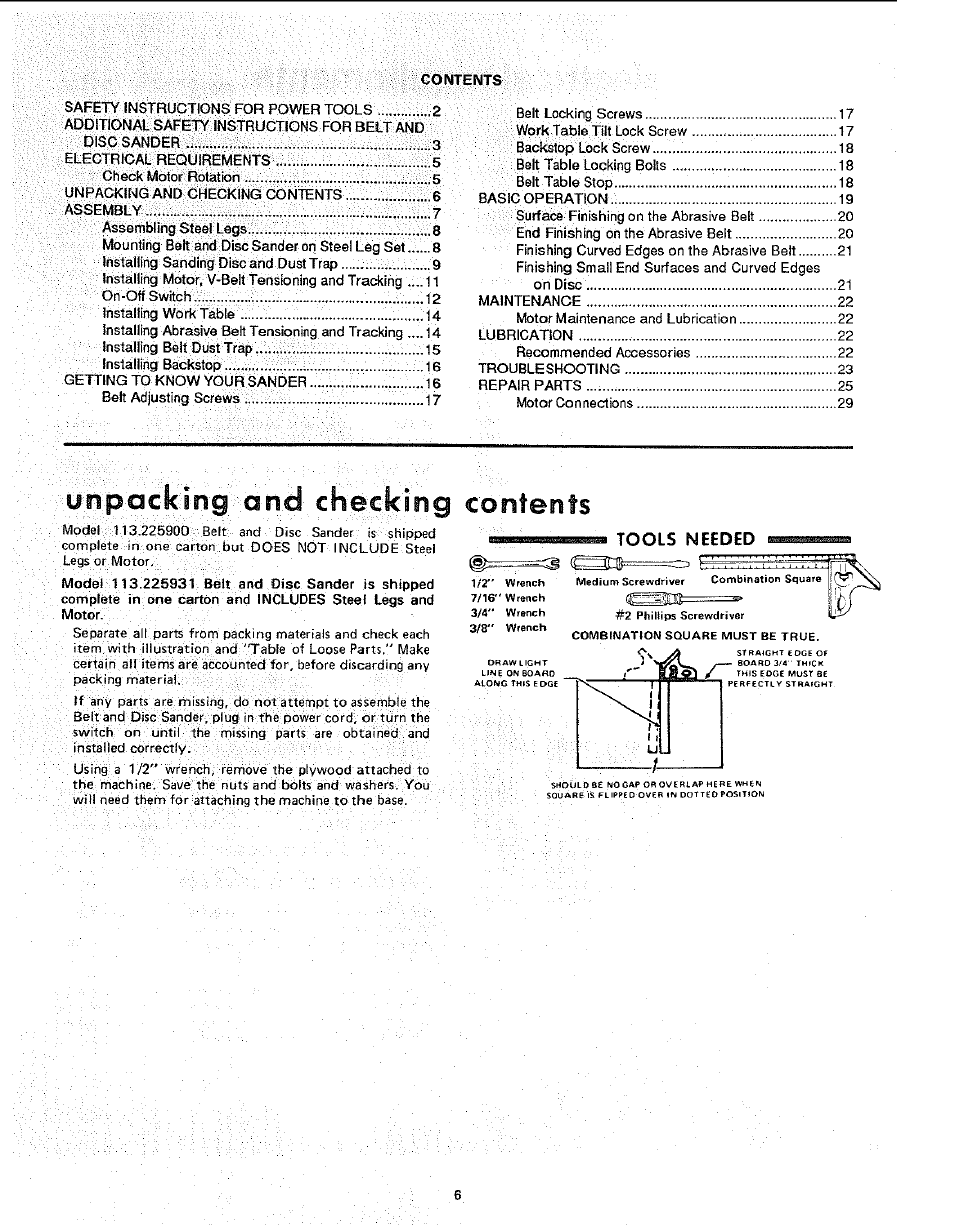 У op a c kiln g checking contents, Tools needed | Craftsman 113.225931 User Manual | Page 6 / 32