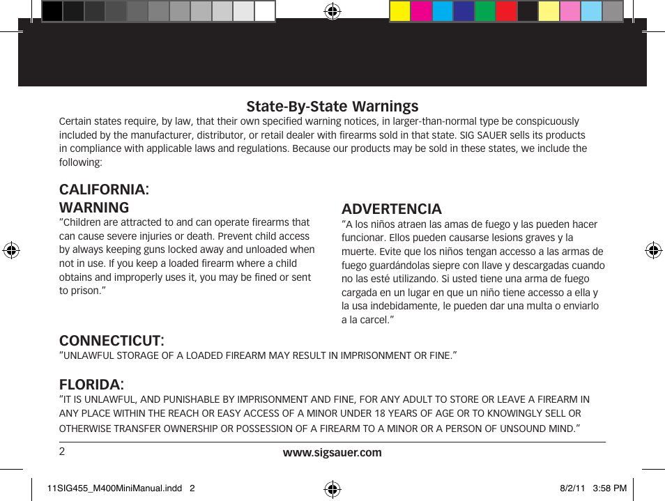 State-by-state warnings, California: warning, Advertencia | Connecticut, Florida | SIG SAUER SIGM400 Rifle User Manual | Page 2 / 84