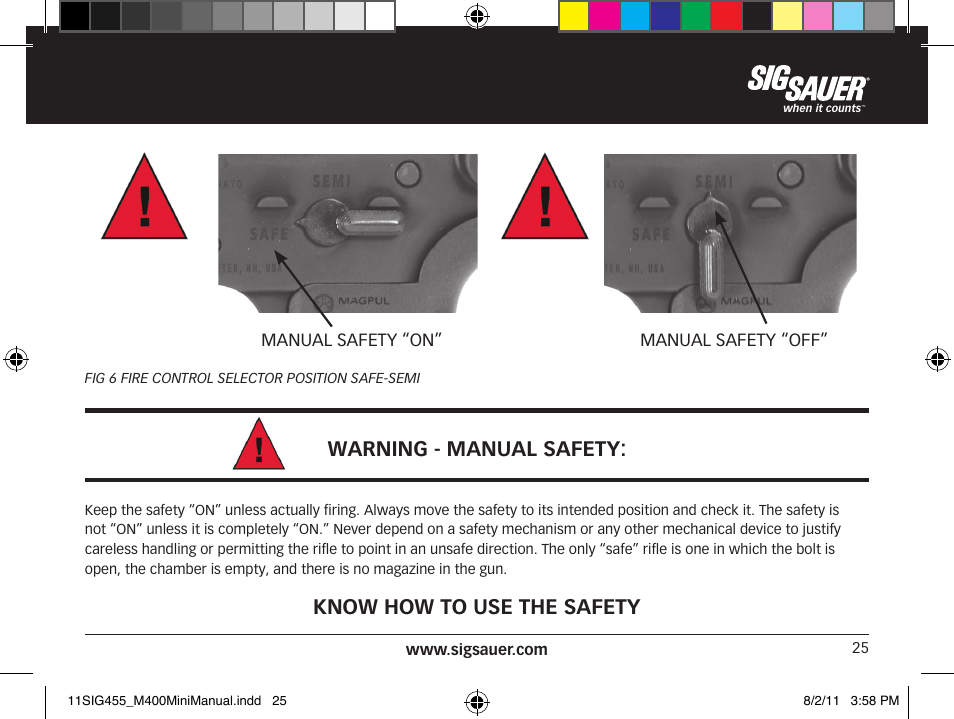 Warning - manual safety, Know how to use the safety | SIG SAUER SIGM400 Rifle User Manual | Page 25 / 84