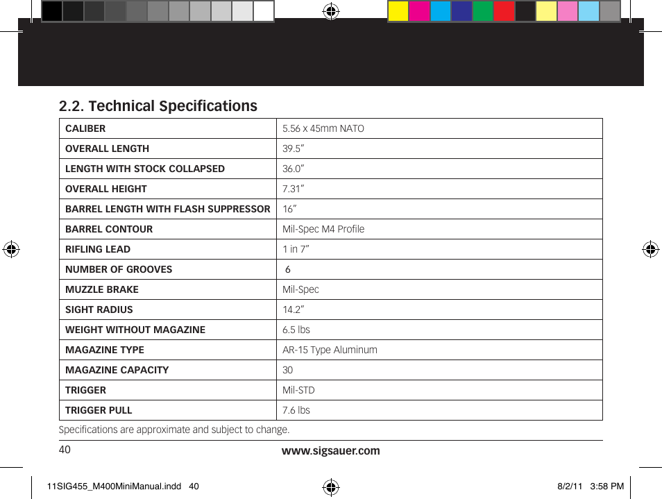 Technical specifications | SIG SAUER SIGM400 Rifle User Manual | Page 40 / 84