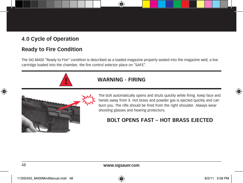 0 cycle of operation ready to fire condition, Warning - firing, Bolt opens fast – hot brass ejected | SIG SAUER SIGM400 Rifle User Manual | Page 48 / 84