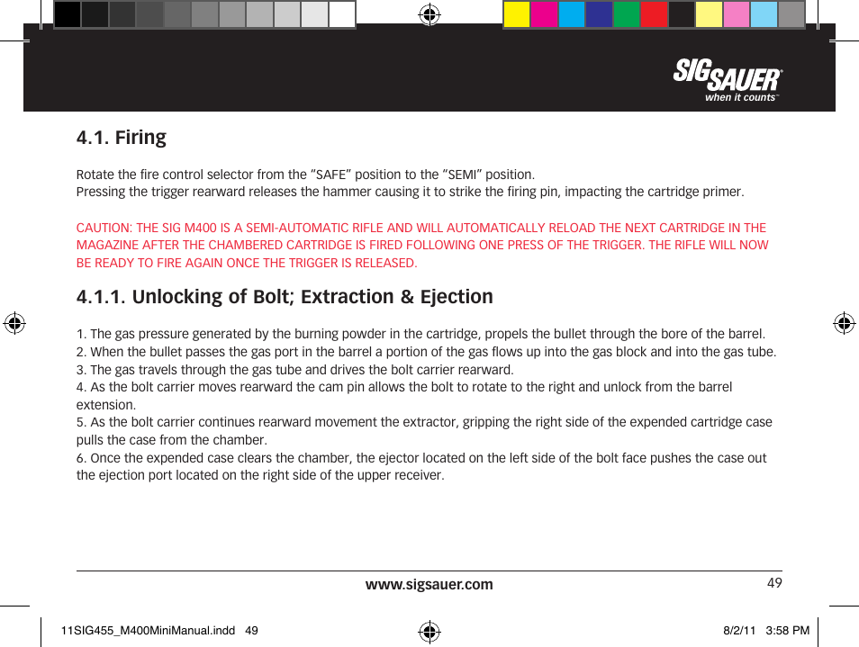 Firing, Unlocking of bolt; extraction & ejection | SIG SAUER SIGM400 Rifle User Manual | Page 49 / 84