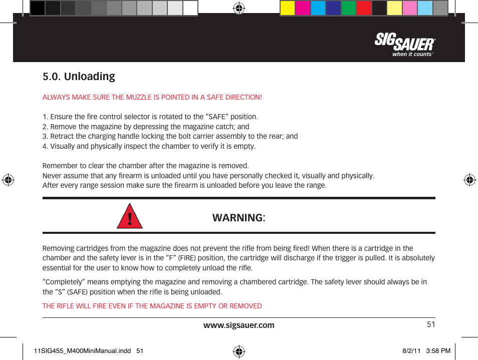 Unloading, Warning | SIG SAUER SIGM400 Rifle User Manual | Page 51 / 84