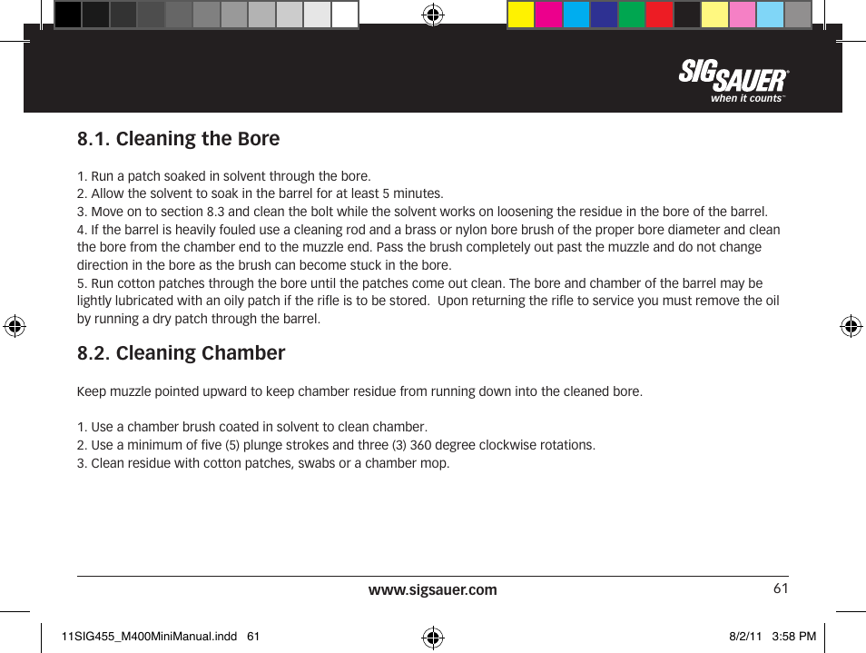 Cleaning the bore, Cleaning chamber | SIG SAUER SIGM400 Rifle User Manual | Page 61 / 84