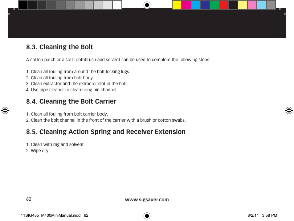 Cleaning the bolt, Cleaning the bolt carrier, Cleaning action spring and receiver extension | SIG SAUER SIGM400 Rifle User Manual | Page 62 / 84