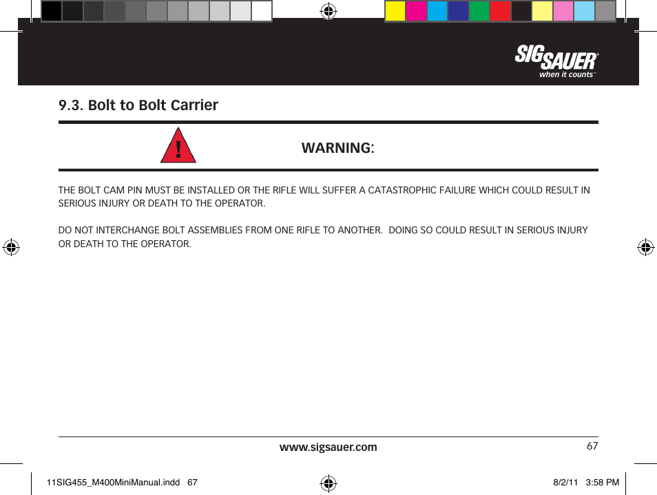Bolt to bolt carrier warning | SIG SAUER SIGM400 Rifle User Manual | Page 67 / 84