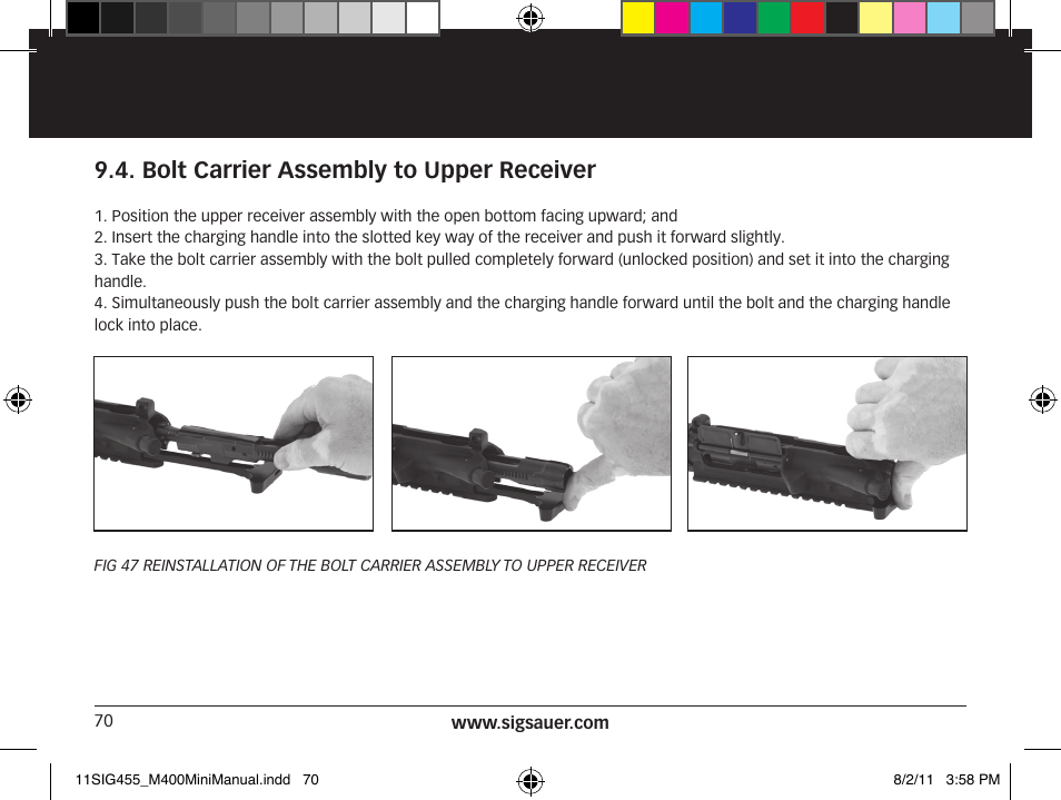 Bolt carrier assembly to upper receiver | SIG SAUER SIGM400 Rifle User Manual | Page 70 / 84
