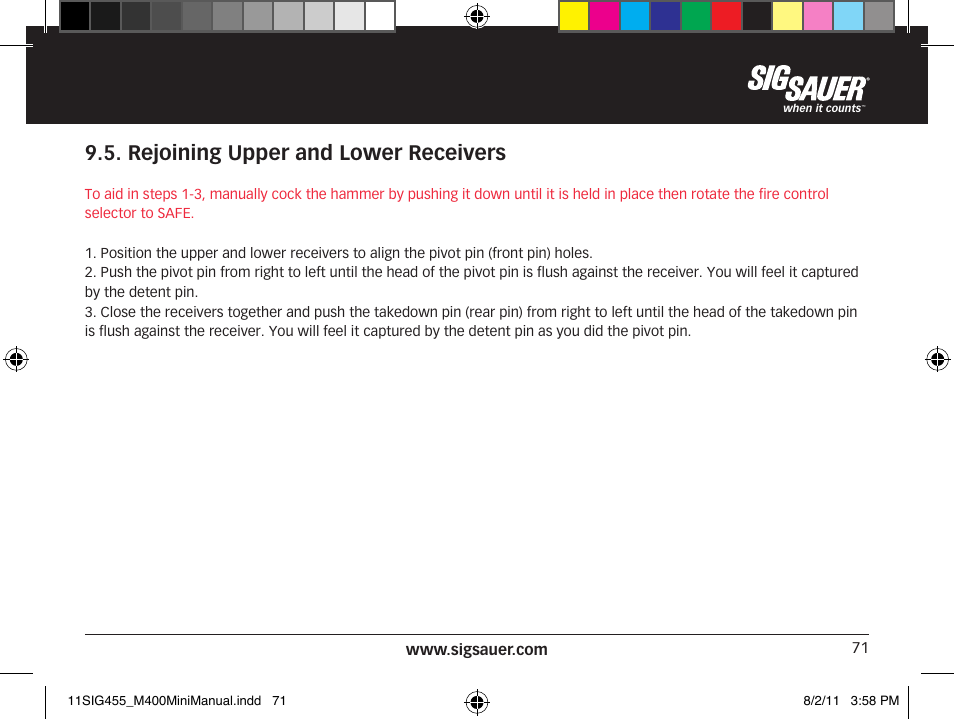 Rejoining upper and lower receivers | SIG SAUER SIGM400 Rifle User Manual | Page 71 / 84