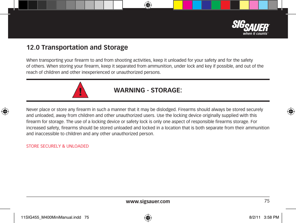 0 transportation and storage, Warning - storage | SIG SAUER SIGM400 Rifle User Manual | Page 75 / 84