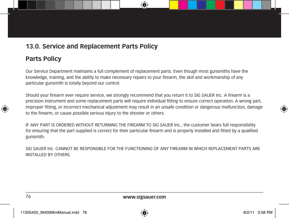 Service and replacement parts policy parts policy | SIG SAUER SIGM400 Rifle User Manual | Page 76 / 84