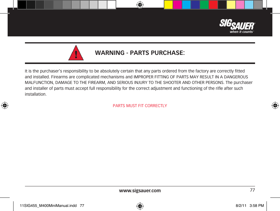 Warning - parts purchase | SIG SAUER SIGM400 Rifle User Manual | Page 77 / 84