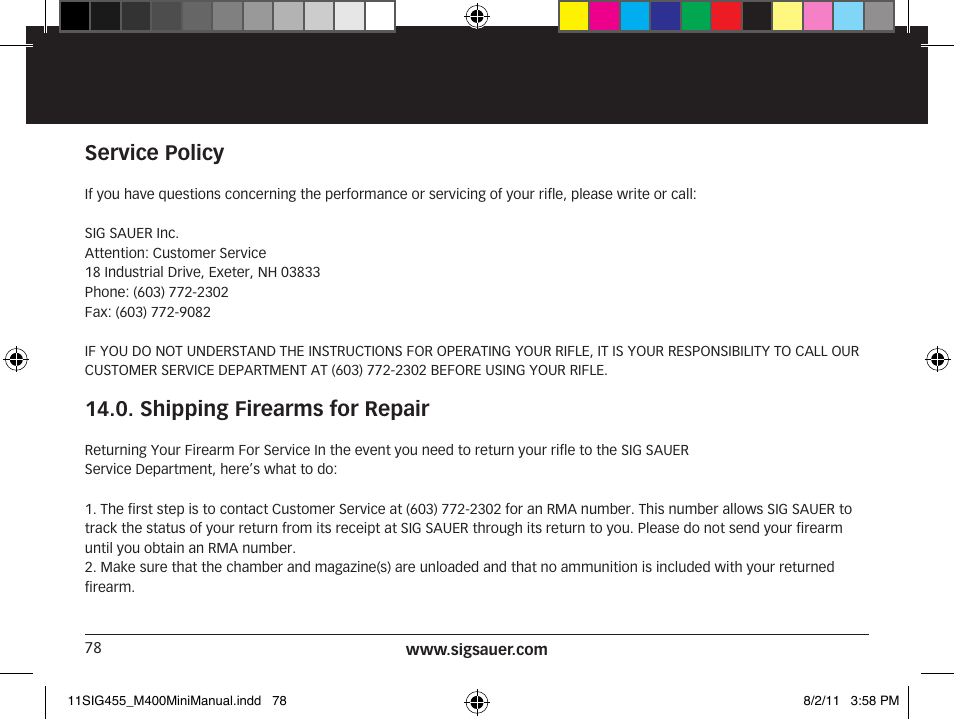 Service policy, Shipping firearms for repair | SIG SAUER SIGM400 Rifle User Manual | Page 78 / 84