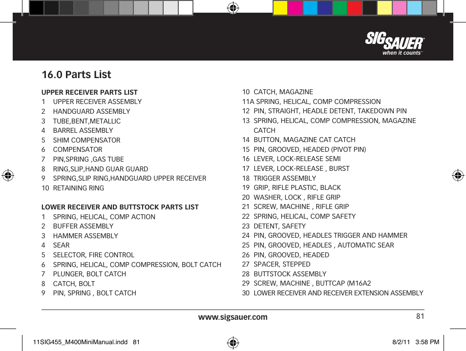 0 parts list | SIG SAUER SIGM400 Rifle User Manual | Page 81 / 84